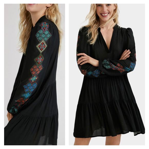 NWT Desigual Calendula Balloon Sleeve V-Neck Tiered Mini Dress in Black Size S - Picture 1 of 16